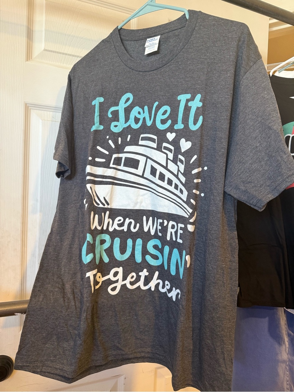 Port and Company Gray Graphic Tee with Turquoise and White Boat Design